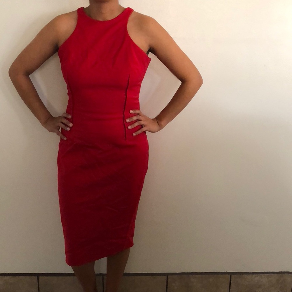 Red mid pencil skirt